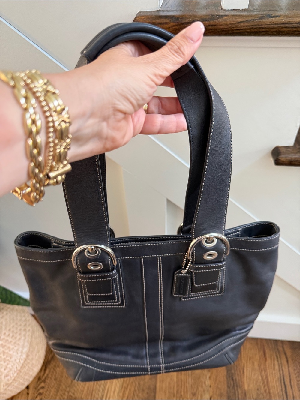 Coach Black Leather Tote with White Contrast Stitching